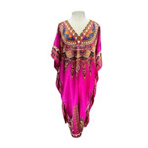 Retro Womens Boho Psychedelic Kaftan Mumu House Dress Gown Cover Up OS Colorful
